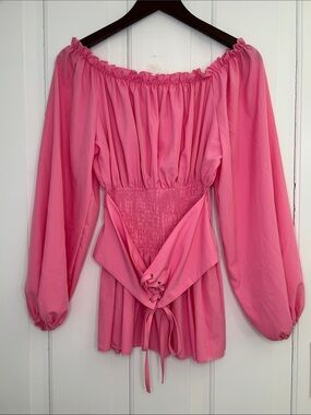 Pink Off-Shoulder lightweight Lace-Up Smocked babydoll ruffle Barbie girly